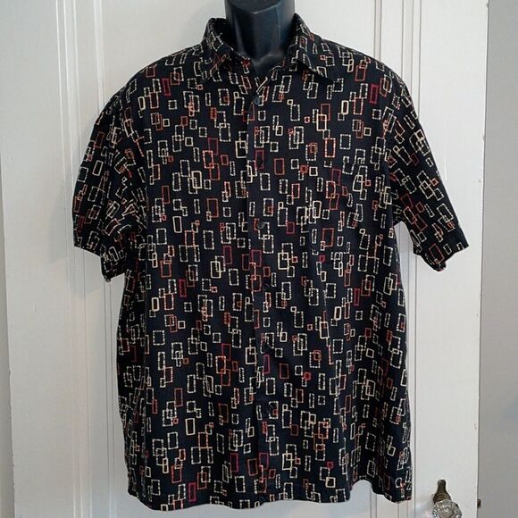 Claiborne black, orange, cream & red rectangle print short sleeved shirt - Picture 1 of 8